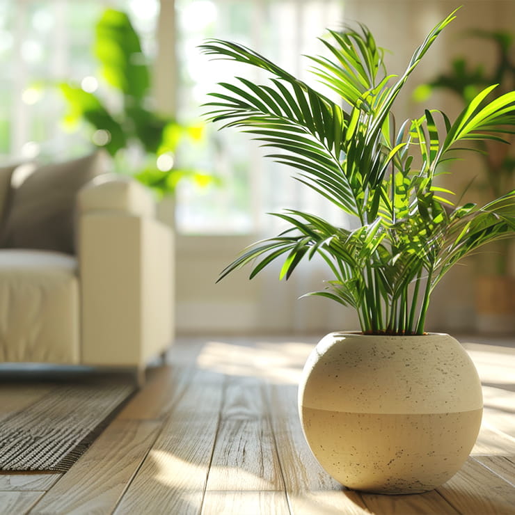 Fresh indoor living space with plants, representing humidifiers, air filtration, UV light systems, and coil cleaning.